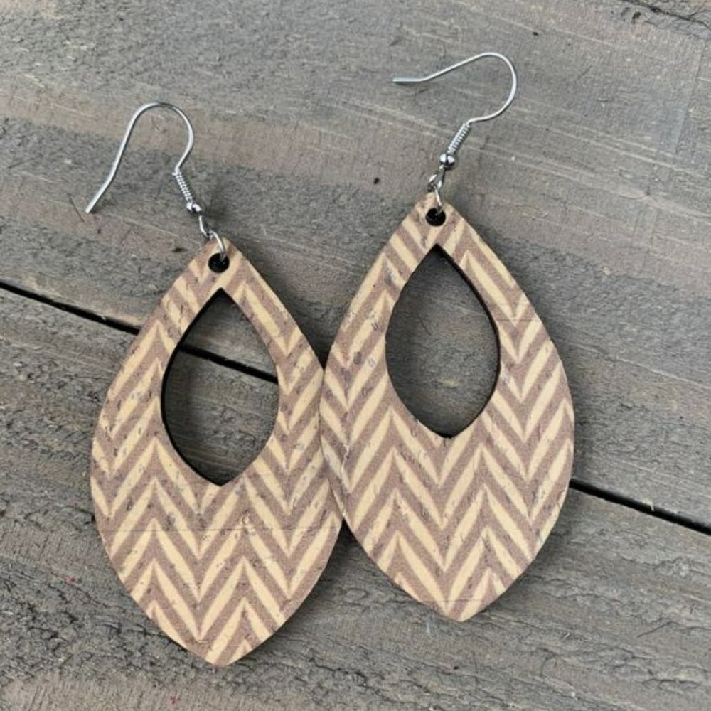 Tan Chevron Cork Leather Tear drop Earrings